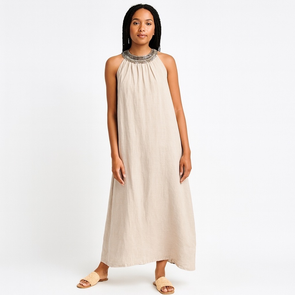 120% Lino Chic Holiday Tan Linen Maxi Dress Embellished Beaded Neckline Sz EU 46